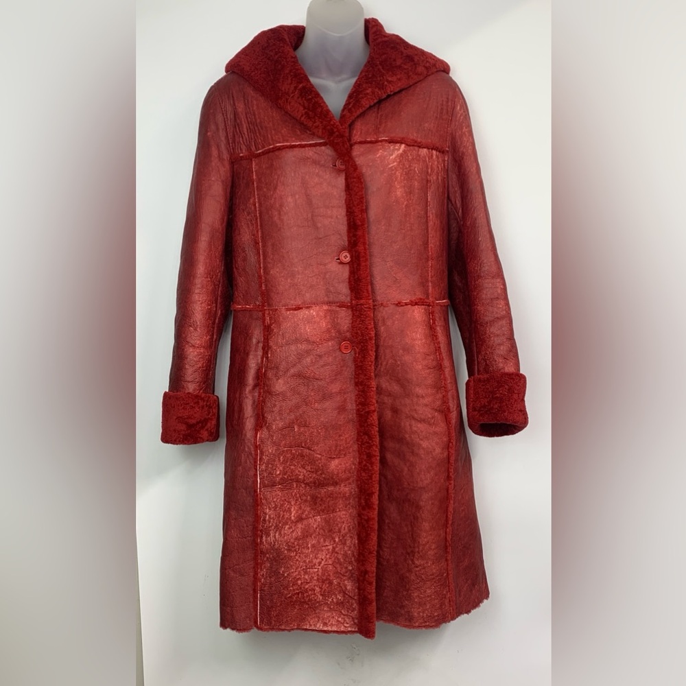 Shearling Women's Red Leather Coat Made in ITALY Hooded Jacket Size EU 42/US M